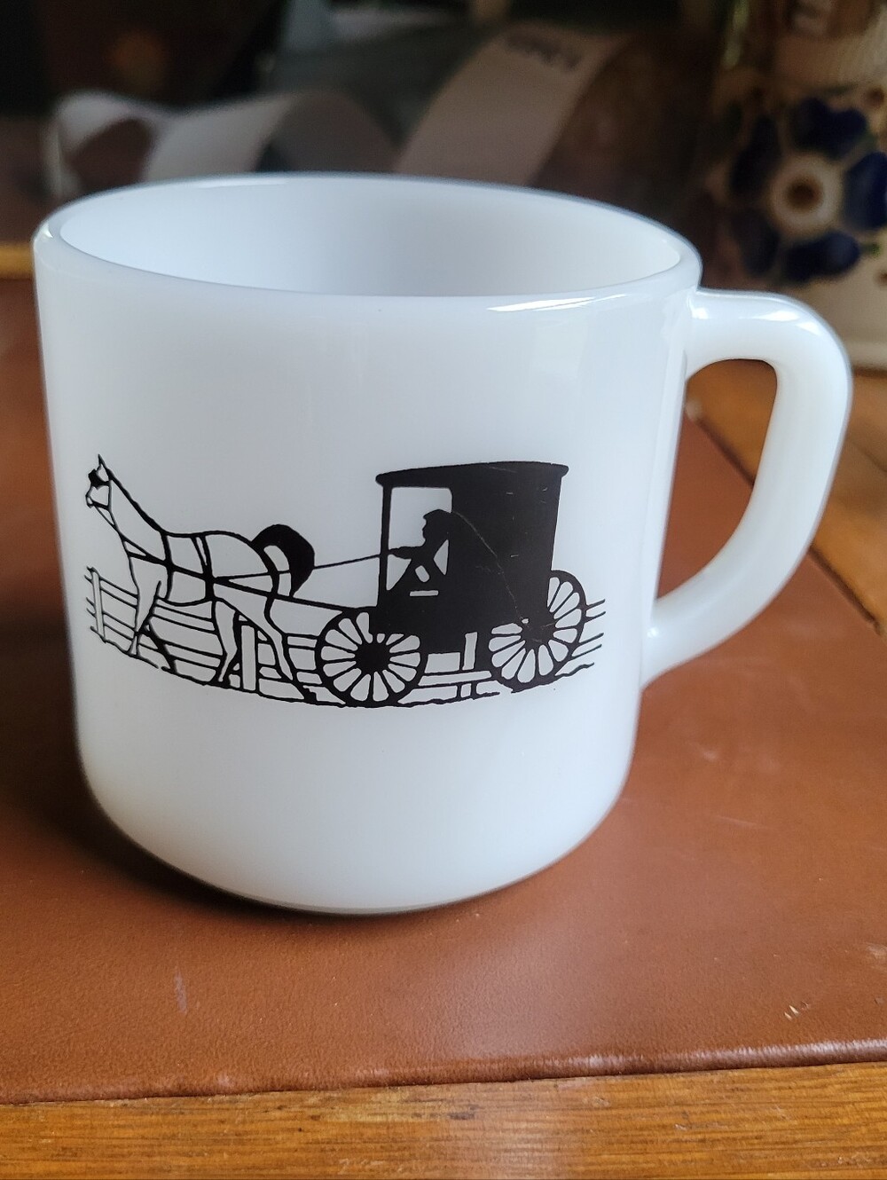 Vtg Federal Milk Glass Mug Amish Country Horse Buggy Carriage White Coffee Cup